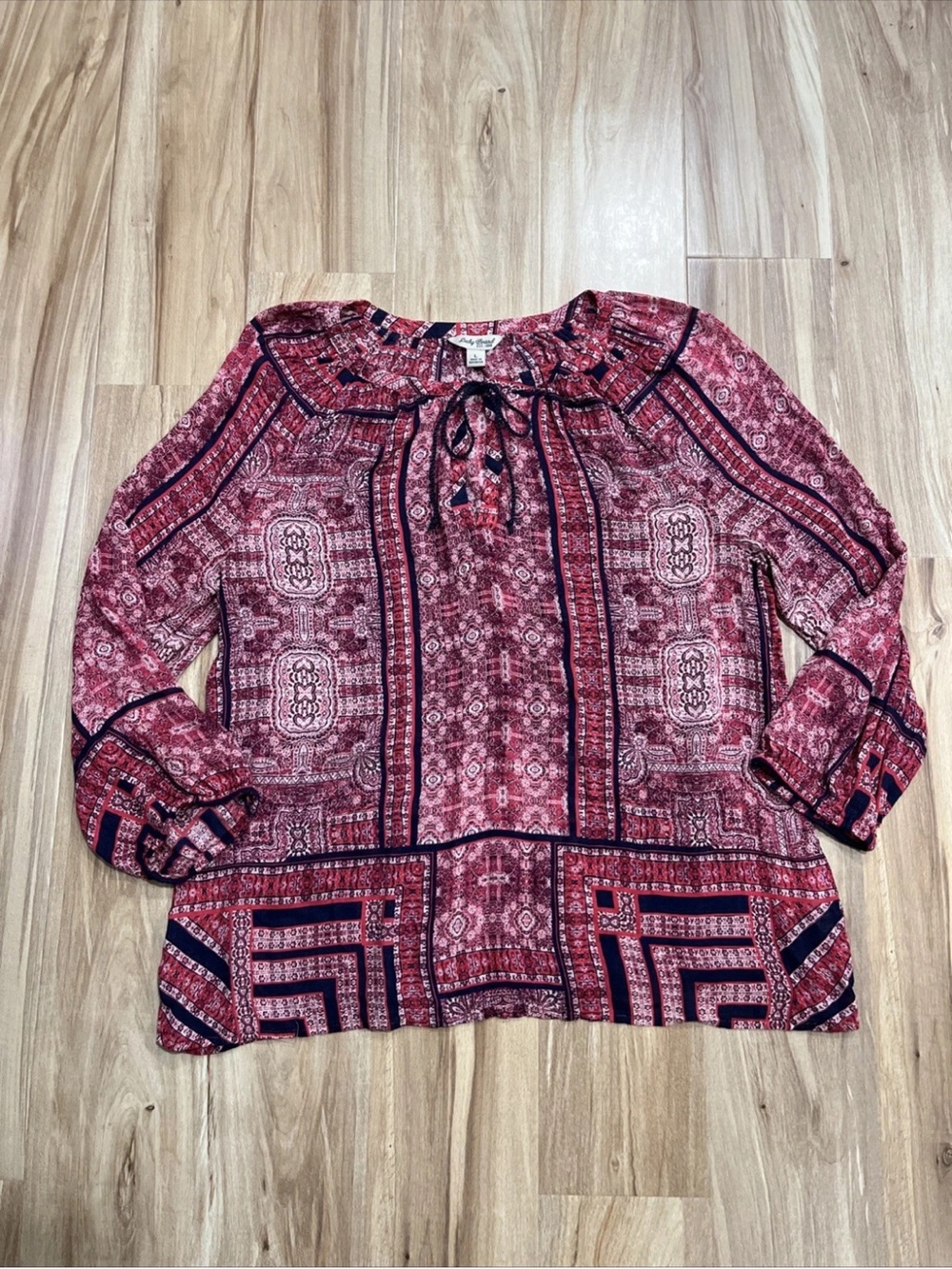 Lucky Brand Red Patterned Peasant Blouse with Navy Accents